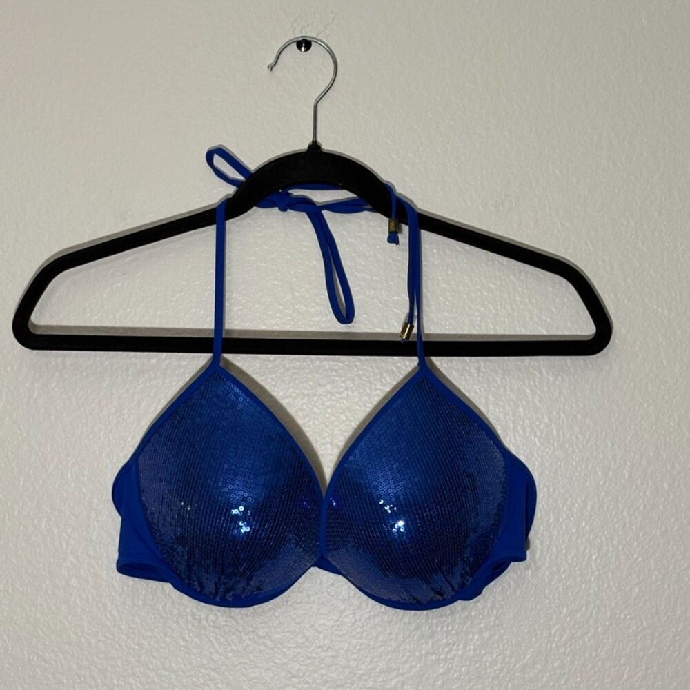 Victoria's Secret Pink Swim Triangle Padded Bikini Top Blue Sequins Large